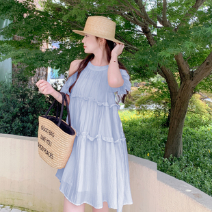 蓝色露肩挂脖连衣裙女法式 温柔风宽松气质海边度假裙 2025夏季 新款