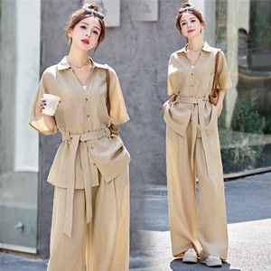 独特别致短袖衬衫阔腿裤套装女夏2025新款轻熟高级感巨好看两件套