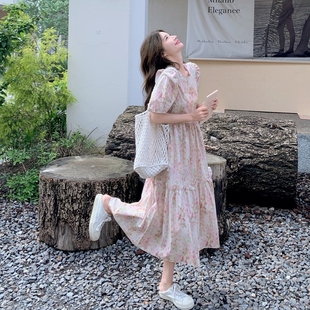 长裙 法式 温柔风粉色碎花连衣裙女2025夏季 新款 收腰甜美减龄泡泡袖