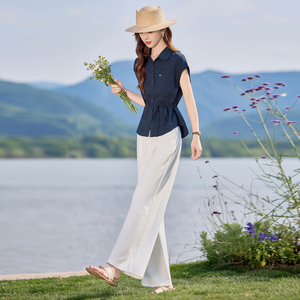 时尚气质休闲套装女2025新款夏薄款收腰显瘦短袖衬衫阔腿裤两件套