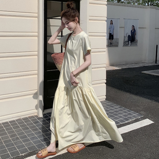a字裙潮 奶黄色ins风短袖 连衣裙女2025夏季 新款 韩系宽松拼接中长款