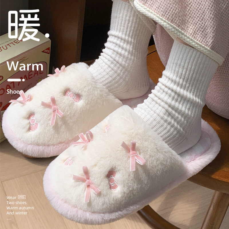 可爱少女心小蝴蝶结棉拖鞋女2025秋冬新款外穿厚底家居保暖包头拖