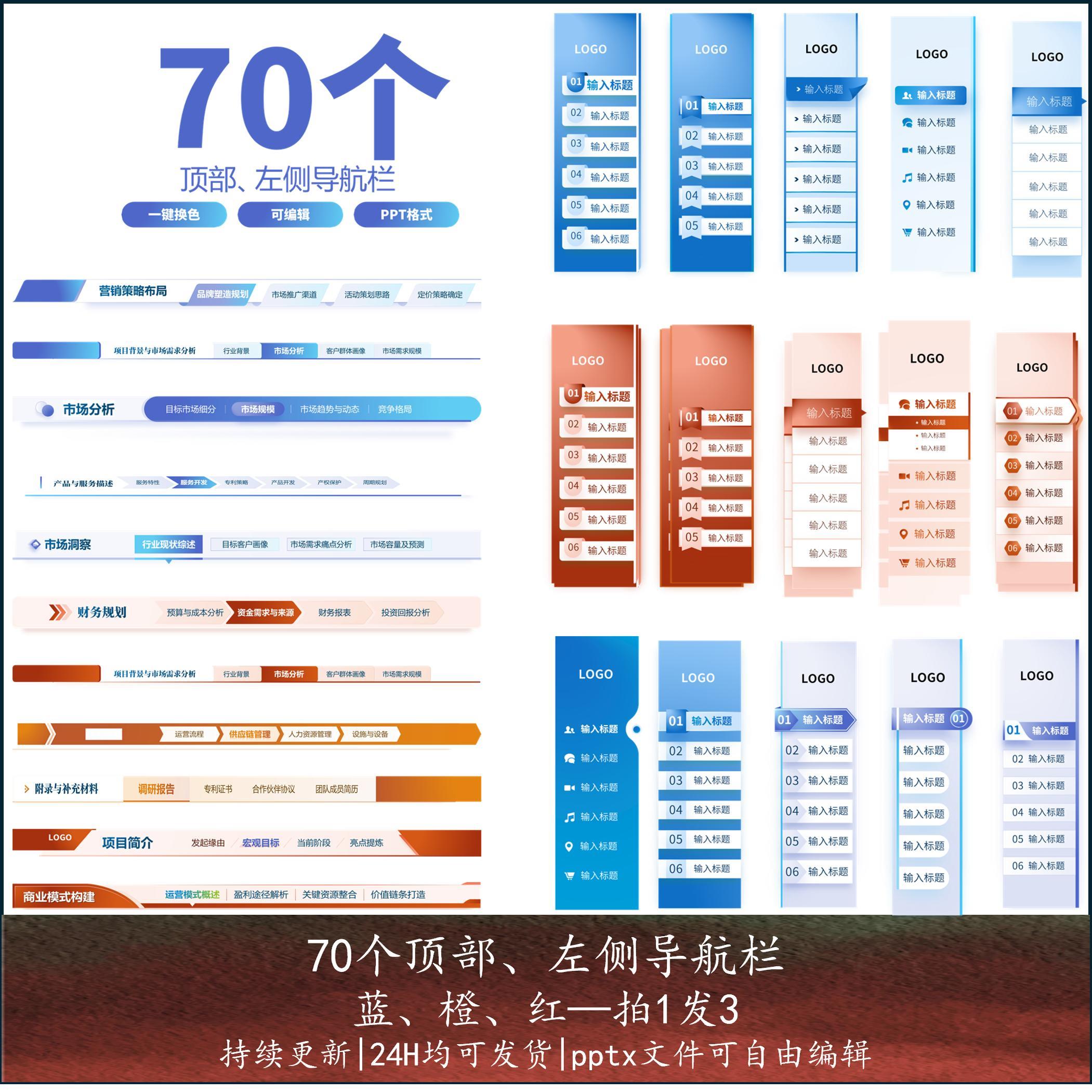 70个PPT顶部左侧导航栏组件排版组件可编辑红蓝橙色拍一发三