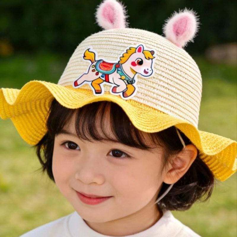 2026夏季新款福马儿童草帽女童粉色立体耳朵防晒帽卡通草编遮阳帽
