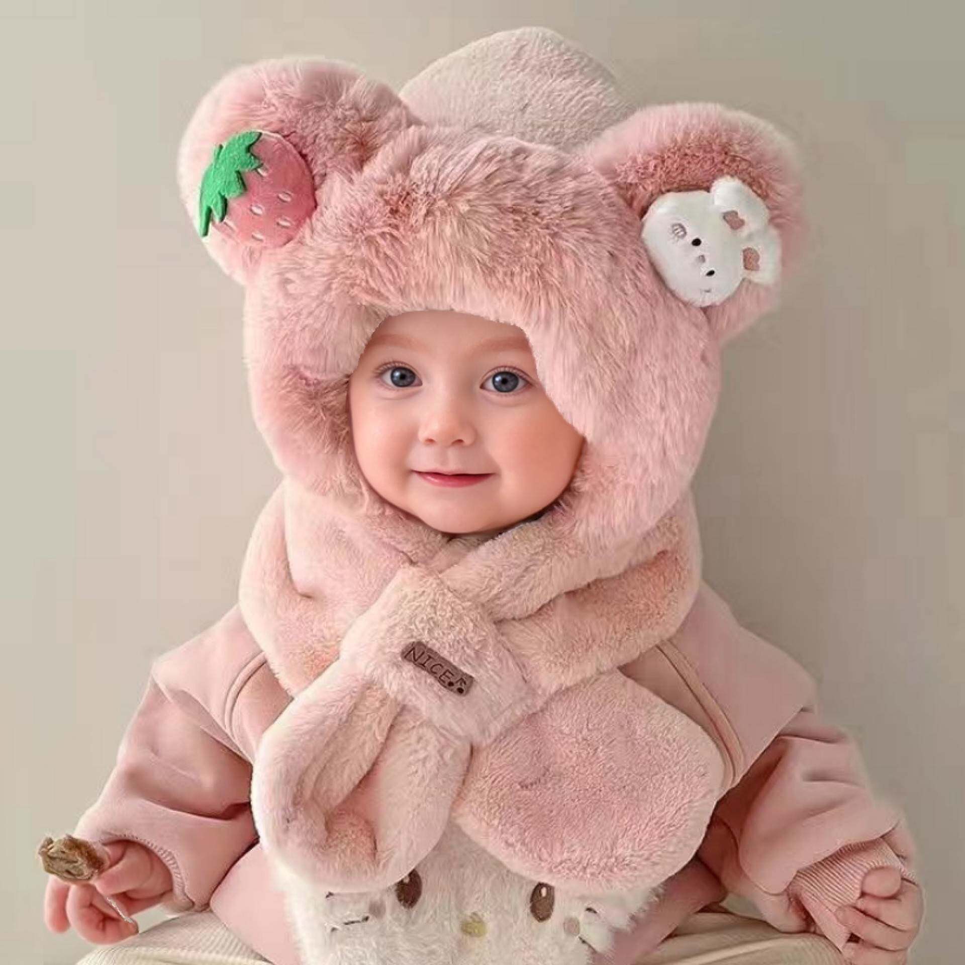 冬季儿童帽子围巾一体帽加绒加厚卡通两件套可爱超萌男女童护耳帽