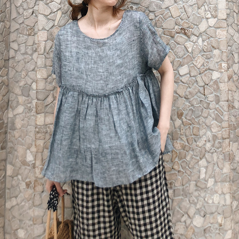 2025夏新女 日系韩版大码复古文艺棉麻亚麻中长款短袖衬衫娃娃衫,女装/女士精品,衬衫,淘宝优惠券,粉丝福利购,淘宝优惠卷