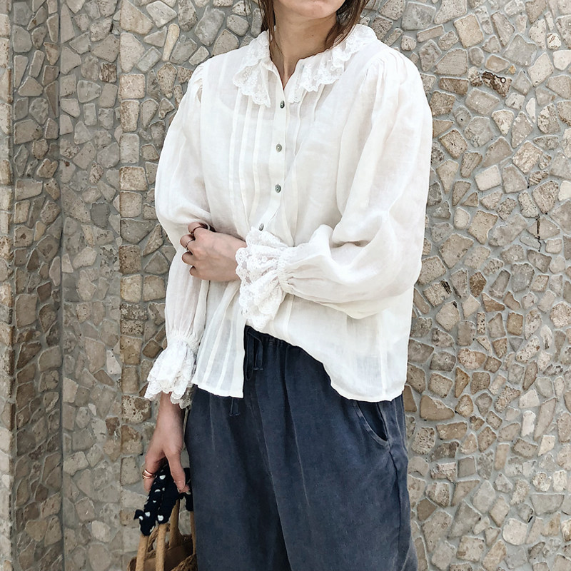 2025春夏新女 日系大码学院风蕾丝边翻领长袖打底棉麻亚麻白衬衫