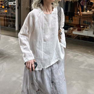 超正版 型 大码 韩国单 衬衫 立体剪裁 一字领苎麻长袖 设计师款