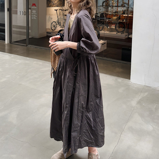 春夏新女韩国单高定 复古减龄纯棉大码宽松显瘦V领长袖连衣裙