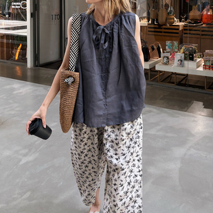 显瘦衬衫 春夏新女 无袖 苎麻高级定制慵懒松弛感大码 上衣 韩国单