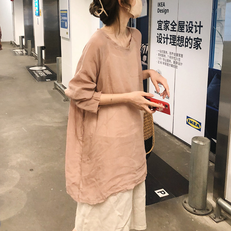 春新女 日系大码复古文艺苎麻宽松显瘦中长款衬衫