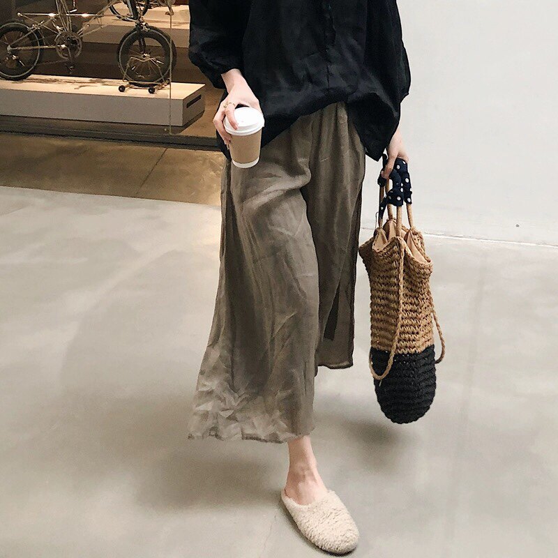 春夏新女日系大码复古宽松显瘦苎麻阔腿九分裤含里衬