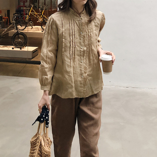 2025春夏新女 日系复古大码棉麻亚麻宽松显瘦立领长袖衬衫开衫