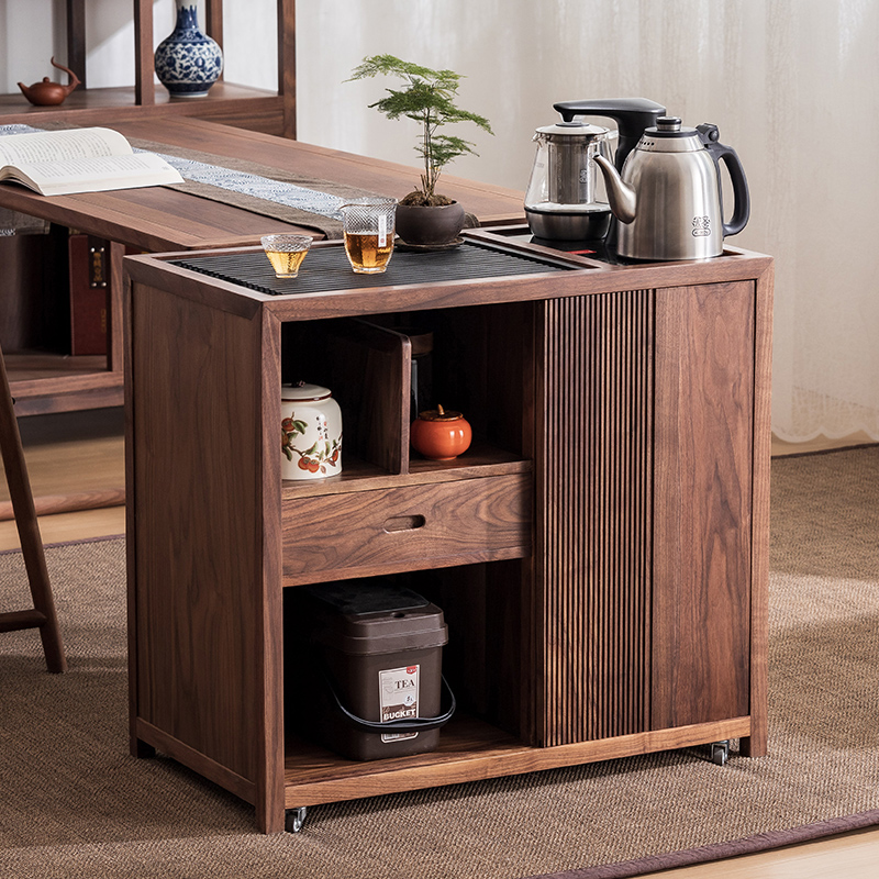 北美黑胡桃木茶水柜电木茶盘一体茶桌侧边柜移动茶台全自动烧水柜
