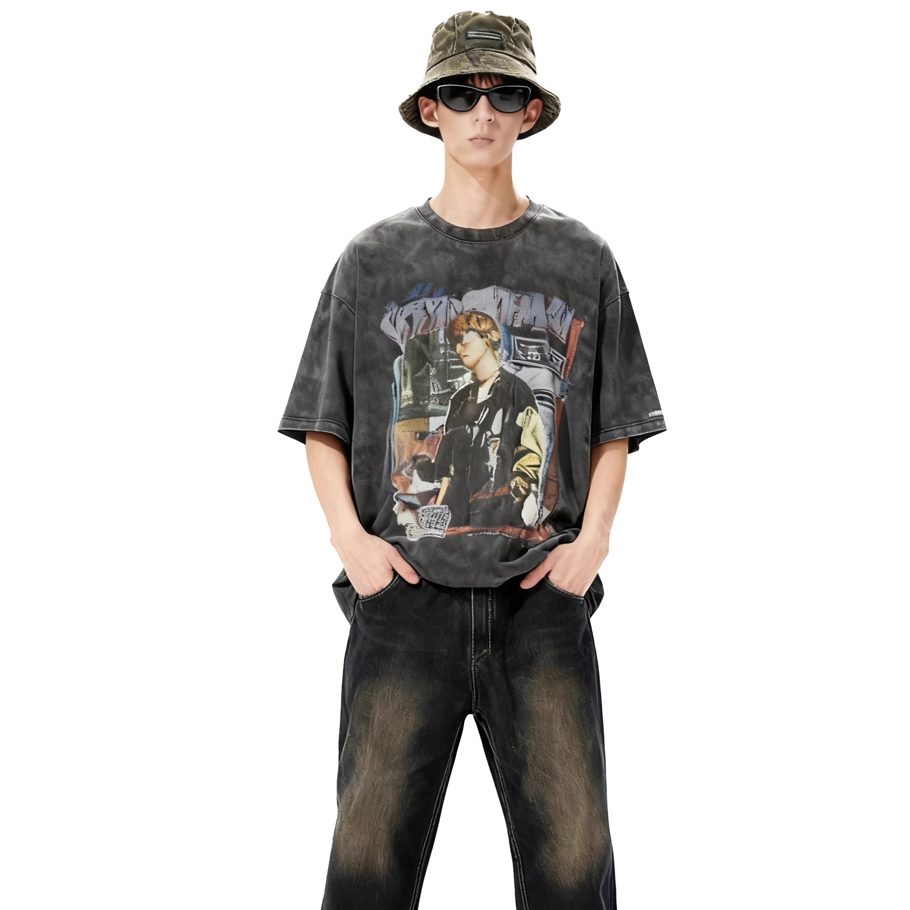 JFKH街头美式高街vibe泥黄直筒牛仔裤男夏季宽松复古vantage长裤