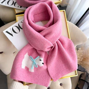 可爱少女粉色小狗软妹学生针织毛线厚围巾女孩儿童冬季护颈小围脖