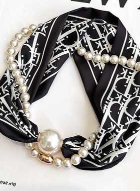 磁吸扣珍珠项链窄小长条丝巾女春秋夏季护颈围脖子衬衫纱巾薄围巾