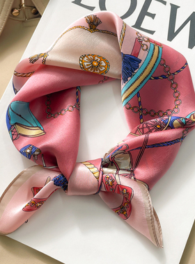 粉色真丝桑蚕丝小方巾丝巾女春秋妈妈护颈围脖子纱巾薄围巾50x50