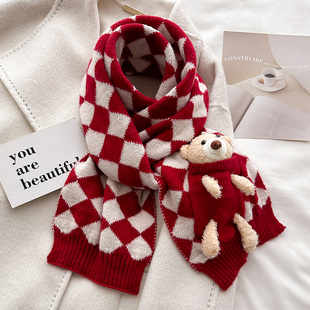 小熊可爱卡通红色格子针织毛线围巾女生儿童小孩子秋冬季护颈围脖