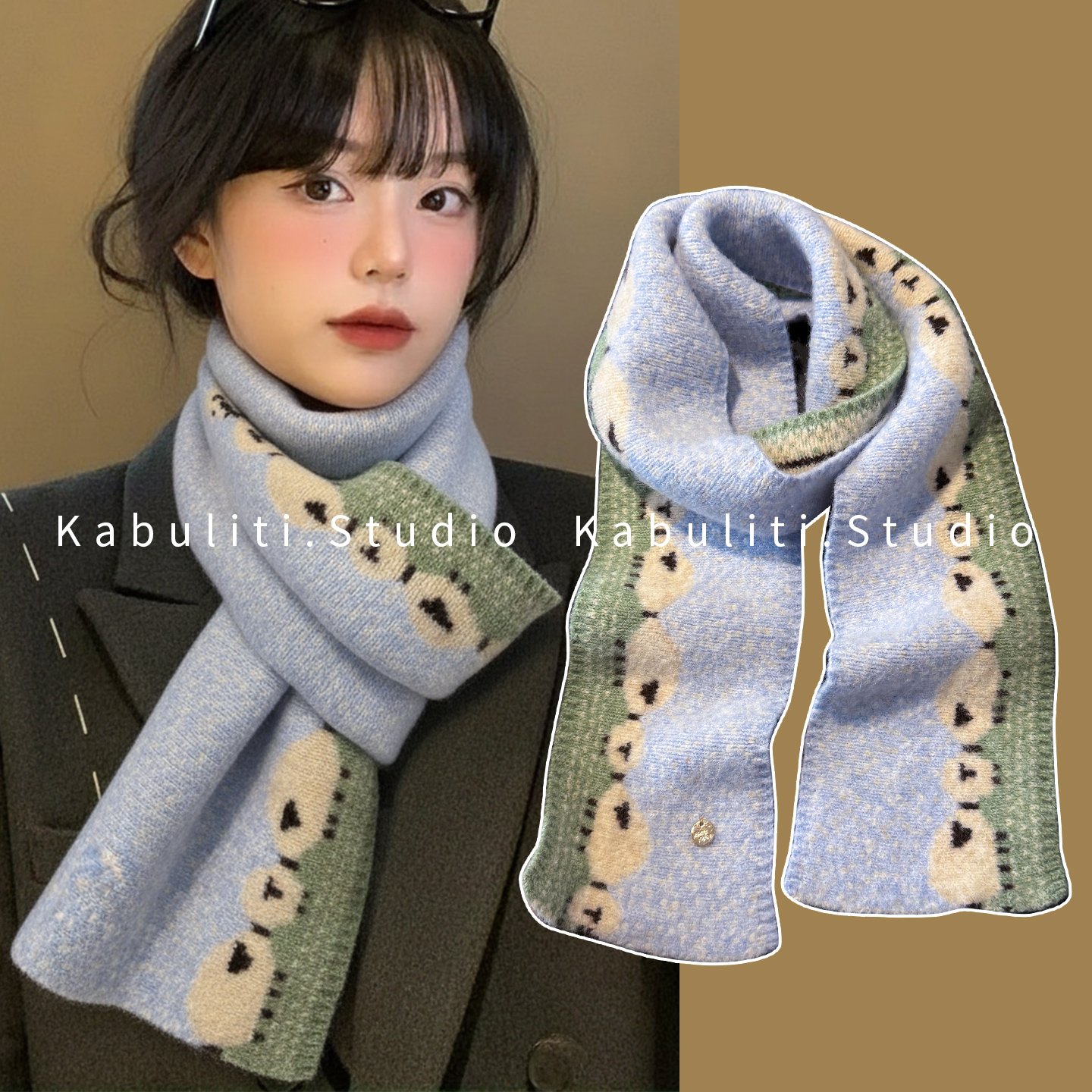 可爱小羊针织围巾旅游搭配