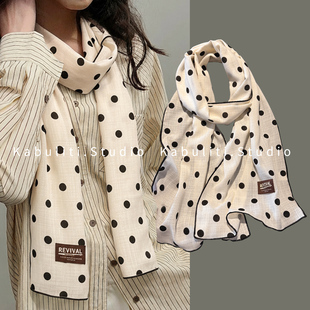 波点复古纯棉小长条细窄丝巾女发带飘带护颈围脖子腰带纱巾薄围巾