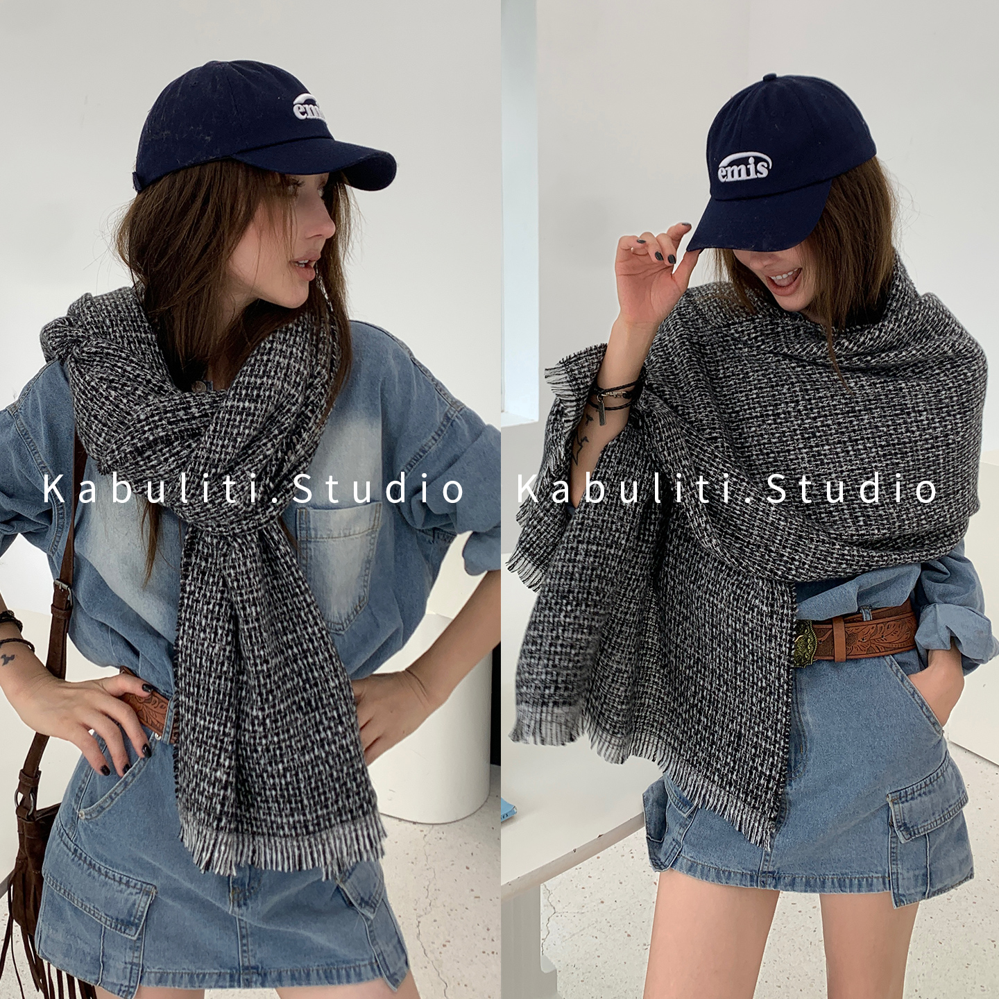 小香针织毛线黑色厚围巾女秋冬季护颈围脖子搭配大衣外搭披肩两用