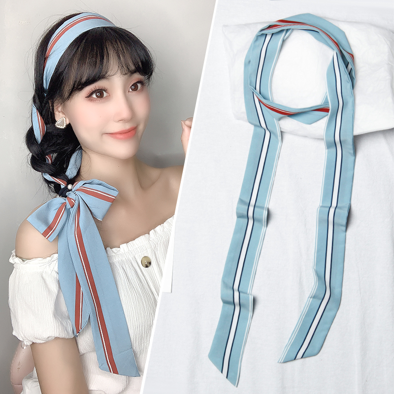 蓝色条纹超长条小丝巾女窄扎头编发带绑包薄丝带飘带装饰腰带配饰