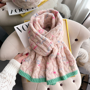 针织毛线厚围巾粉色可爱少女甜美学生秋冬季儿童护颈短小围脖毛绒