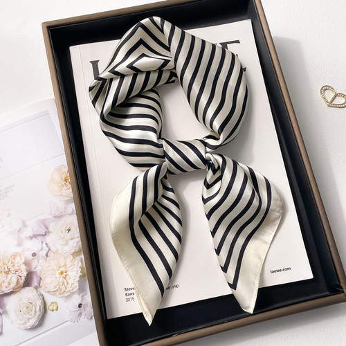 黑白条纹真丝方巾女春秋冬季护颈