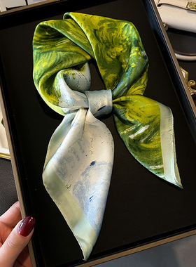 小方巾丝巾女绿色油画春秋夏季护颈饰围脖子搭配衬衫薄围巾70x70