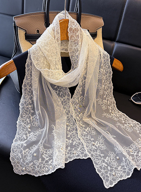 法式白色蕾丝丝巾女搭配衬衫护颈饰围脖子披肩两用腰带纱巾薄围巾
