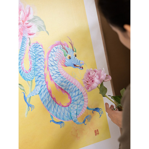 若奈手绘点彩皇家黄牡丹龙装饰画