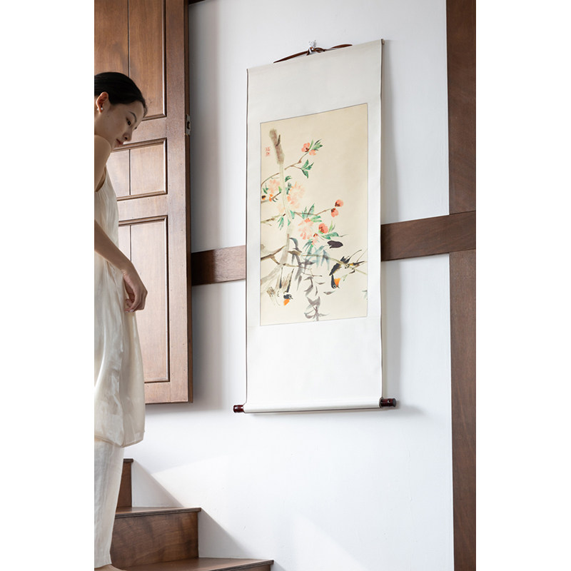 若奈挂画 东方文房实木卷轴《喜燕春芍》白鹿纹宣花鸟画书房中式
