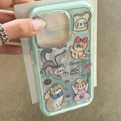 适用15promax苹果14新款iPhone13手机壳12韩风ins羽纱猫咪插画14promax个性15PRO女潮14网红13PRO硬壳