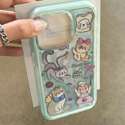 适用15promax苹果14新款iPhone13手机壳12韩风ins羽纱猫咪插画14promax个性15PRO女潮14网红13PRO硬壳