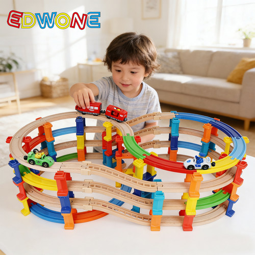 EDWONE旋风多层轨道立体拼搭高铁建筑系列木质建构玩具益智男孩