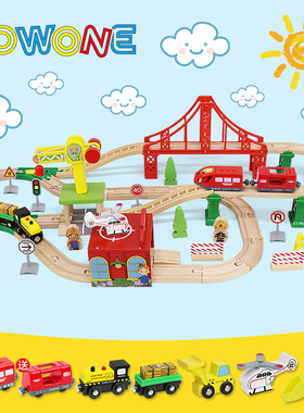 EDWONE木制儿童拼装模型电动磁性遥控火车木轨道车恐龙小火车玩具