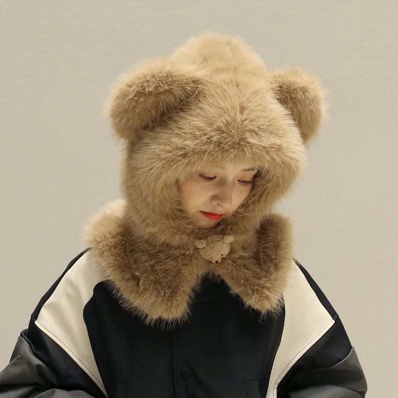 蓬松毛绒可爱小熊帽子连围脖一体