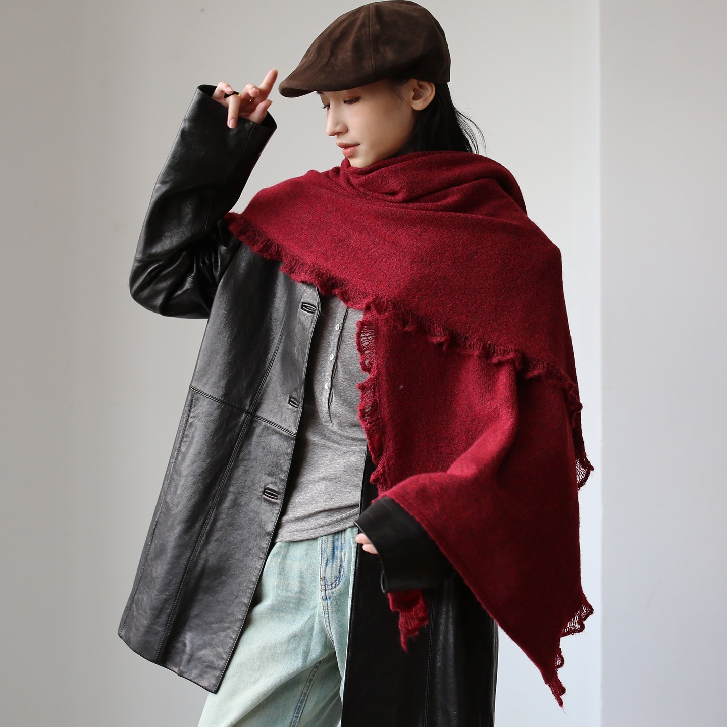 轻盈温暖含羊毛复古流苏超大围巾女秋冬保暖外搭叠穿披肩时髦慵懒