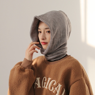 秋冬季薄款针织帽子连围巾一体女保暖护颈遮脸宽松时髦两用毛线帽