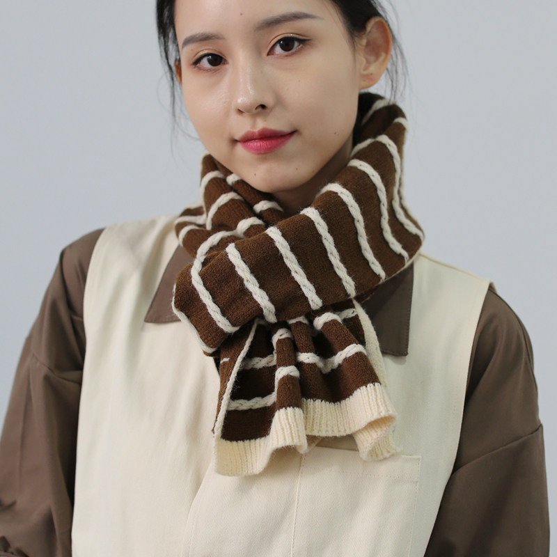基础简约有质感 原宿风条纹毛线围巾女秋冬季保暖韩版护脖子防寒