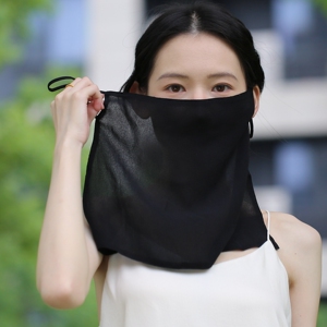 双层桑蚕丝护颈防晒面罩透气夏天女神面纱真丝面巾薄纯色遮脸遮阳