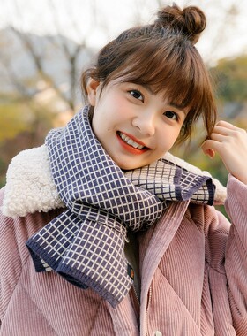韩版双面格子短款小围巾