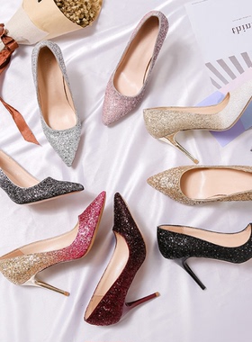 5/7/9cm小码女鞋32 33亮片渐变高跟鞋大码单鞋40 41时尚婚鞋高跟