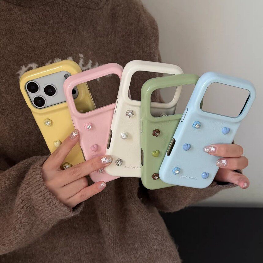 新款奶黄春天爱心花朵适用苹果17ProMax创意小众17Pro软萌高级感16Pro艺术ins15全包保护套14防摔手机壳13女