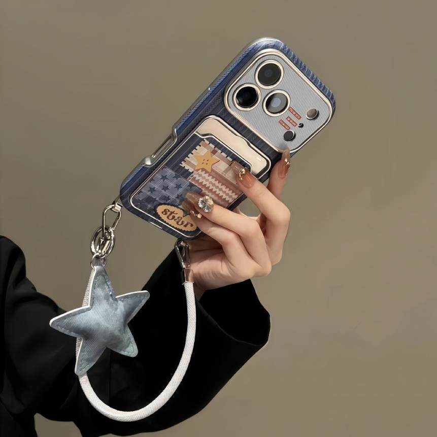 新款蓝牛仔星星卡包苹果17ProMax适用17pro壳16斜挎长绳15蓝布手腕带14全包ins风保护套13防摔手机壳女