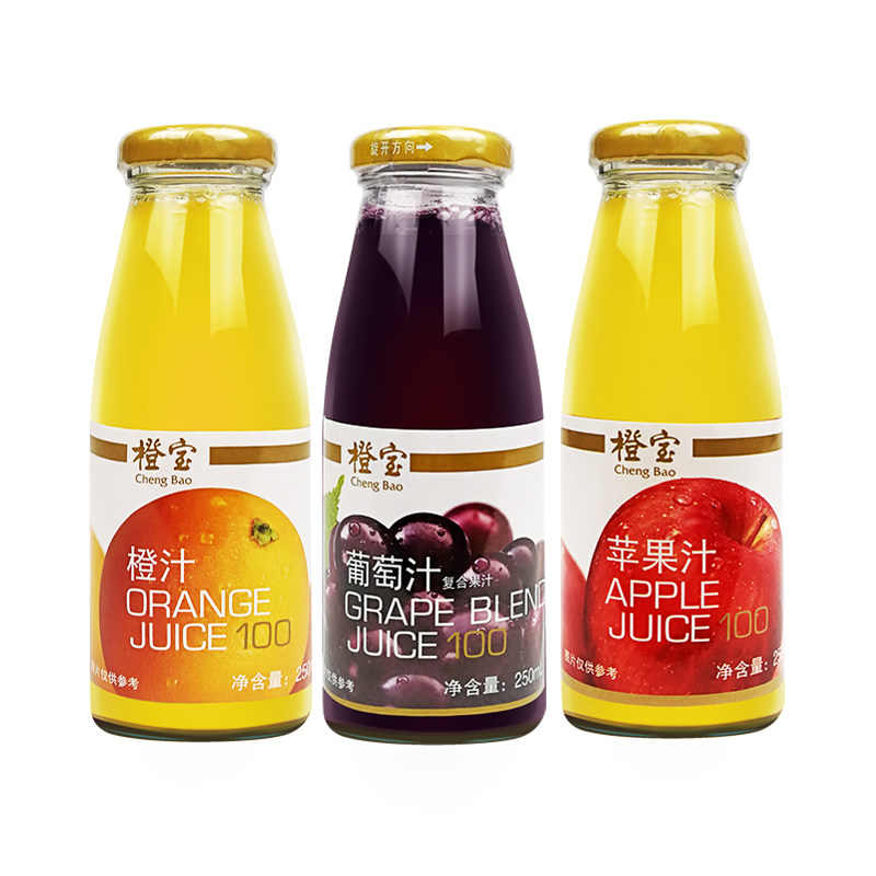 橙宝果汁纯果汁橙汁/苹果/葡萄汁饮料250ml*6玻璃瓶多口味 国产