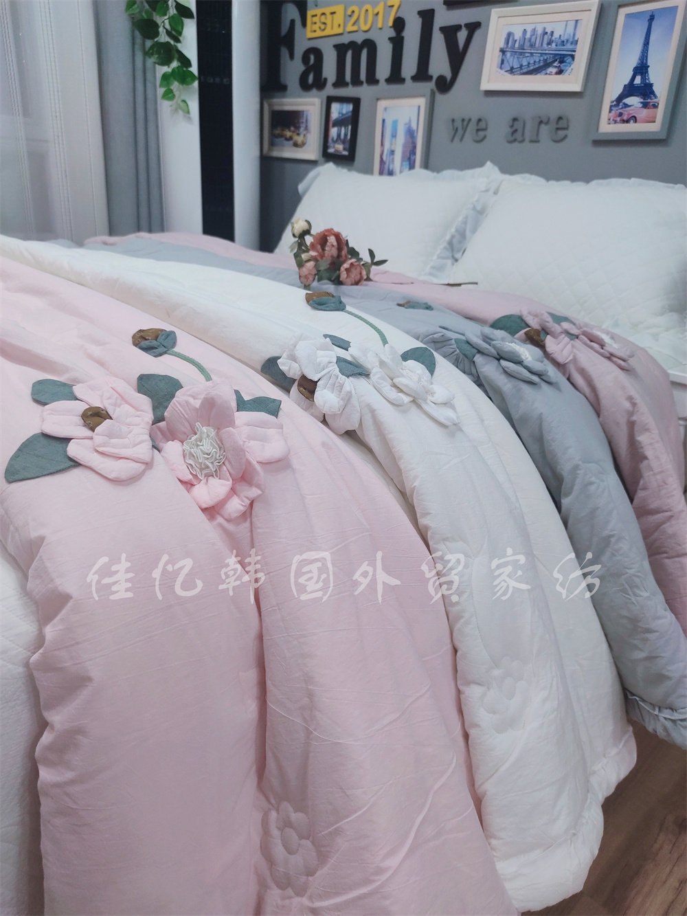 韩式纯棉柔软手工立体盘花菲边绗缝可机洗双人空调被春秋被盖被