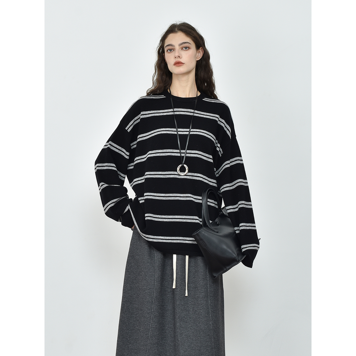 JWSZ 「轻奢条纹美学」100%羊毛慵懒圆领毛衣条纹套头针织衫