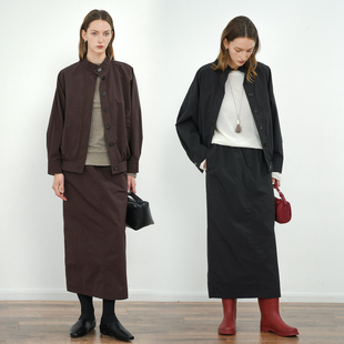 JWSZ 轻户外极简廓形蝙蝠袖立领夹克外套松紧腰中长款半身裙套装